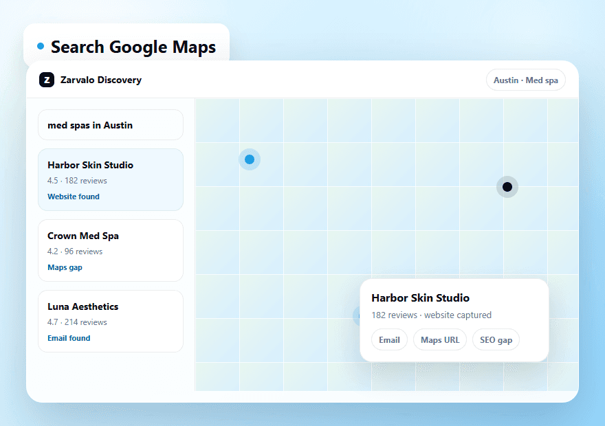 Generated Zarvalo visual showing a Google Maps search for local business prospects.