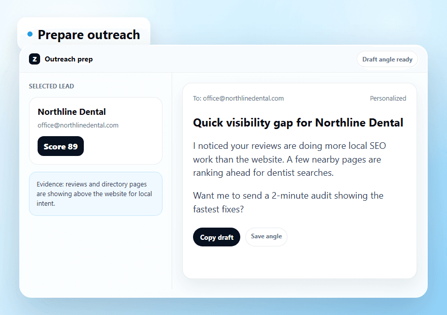 Generated Zarvalo visual showing an outreach draft prepared from prospect evidence.